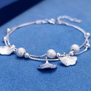 Sterling silver 990 Three Lives of Good Fortune Ginkgo Sand Bead Double Row Brac